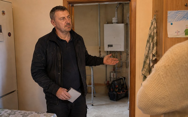 Gāzes katlu apkopējs konsultē klientu par katla stāvokli un veicamo darbu